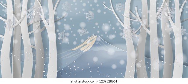 Winter Fuji mountain in japan with snow.vector paper art and digital craft style.