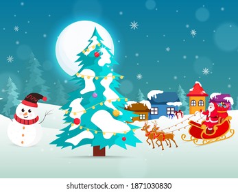 Winter Full Moon Background With Snow Covering Christmas Tree, Houses, Snowman And Santa Claus Riding On Reindeer Sleigh.