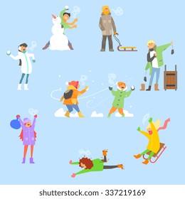 Winter Fun And Activities. Vector Illustration Collection