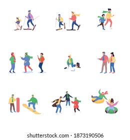 Winter fun activity flat color vector faceless character set. Family skiing together. Ice skating. Holiday season isolated cartoon illustration for web graphic design and animation collection