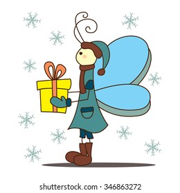 Winter fun animated butterfly in warm clothes with a gift
