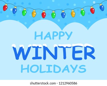 winter fun background with garlands and congratulations on the winter holidays. cartoon-style. vector illustration.