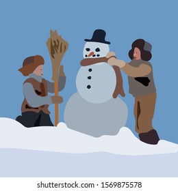 winter fun with boys in hats sculpting a snowman with a broom in the snow