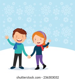 Winter fun. Cheerful couple gesturing. Vector illustration of lovely couple gesturing with snowflakes background.
