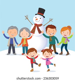 Winter fun. Cheerful family with snowman. Family enjoy their holiday in the winter time.