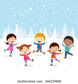 Winter Fun. Cheerful Kids Playing In The Snow.