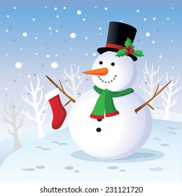 Winter fun. Cheerful snowman.
