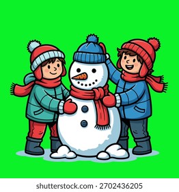 Winterspaß Kinder bauen zusammen mit Freude und Kreativität einen festlichen Schneemann