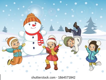 Winter fun. Children building snowman. Winter holidays. Merry Christmas and happy new year