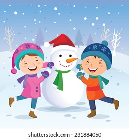 Winter Fun. Children Building Snowman. Winter Holidays!