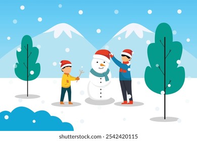 Winter Fun - Children Building a Snowman in a Snowy Mountain 2d flat vector illustrations