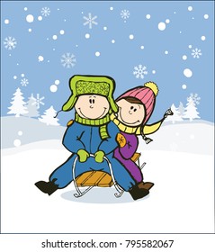 Winter fun, children on sleds against the backdrop of winter nature, vector illustration