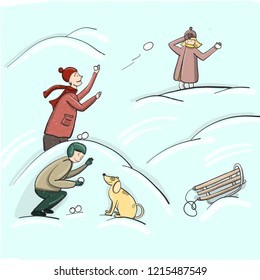 Winter fun. Children playing snowball fight vector illustration