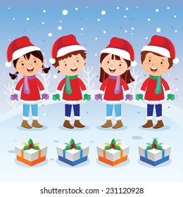 Winter fun. Christmas carols. Children choir singing happily on winter background.