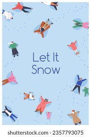 Winter fun, Christmas holiday card background. People, kids characters making cute snow angels, top view, on Xmas vacations. Happy snowy wintertime, vertical postcard design. Flat vector illustration
