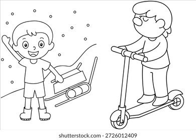 Winter Fun Coloring Page with Boy and Scooter - Printable Line Art for Kids