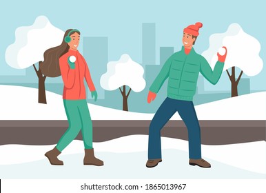 Winter fun. A couple of young people playing snowballs in a winter Park. Date, weekend, vacation. Flat vector illustration