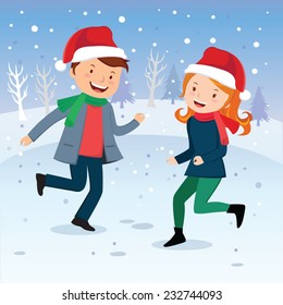 Winter fun. Dancing in the snow. Happy young couple or friends playing in the snow.