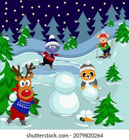 Winter fun of a deer, tiger, cat, mouse. The animals make a snowman, play snowballs, ski and skate. Cartoon vector illustration for children