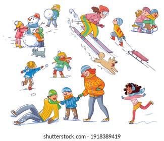 Winter fun. Funny cartoon character. Vector illustration. Isolated on white background