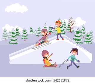 winter fun.. funny kids sledding down the hills. vector illustration. flat design style.
