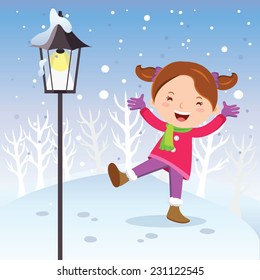 Winter fun. Girl with lamp post. Vector illustration of a cheerful girl playing in snow.