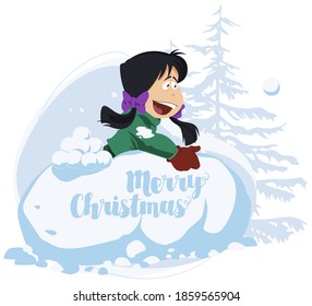 Winter fun. Girl is playing snowballs. Illustration for internet and mobile website. Stock image.