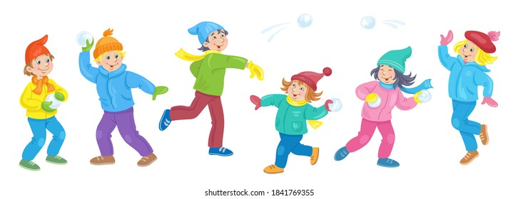 Winter fun. Group of happy boys and girls playing snowball. Banner in cartoon style. Isolated on white background. Vector flat illustration.