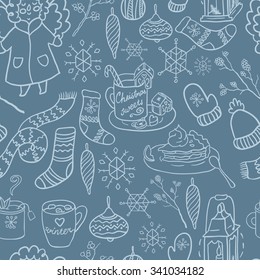 Winter fun hand drawn vector seamless pattern.  Decorative traditional elements. Symbols of Christmas.
