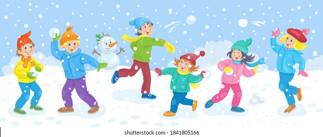 Winter fun. Happy children play snowballs in a winter glade. Banner in cartoon style. Vector flat illustration.