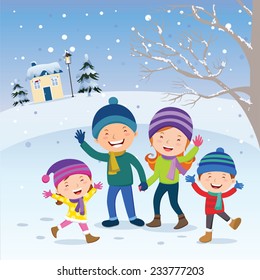 Winter fun. Happy family at winter vacation. Happy family gesturing happily with winter background.