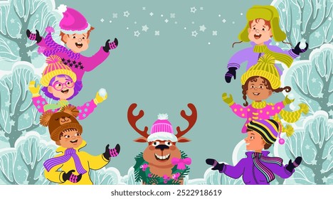 Winter fun. Happy kids  with deer in winter wonderland. Cheerful children dressed in warm costumes. Cartoon smiling multiethnic boys and girls. Winter wonderland. Vector flat illustration.