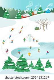 Winter Fun: Ice Skating, Skiing, and Snow Activities in a Snowy Landscape, vector illustration