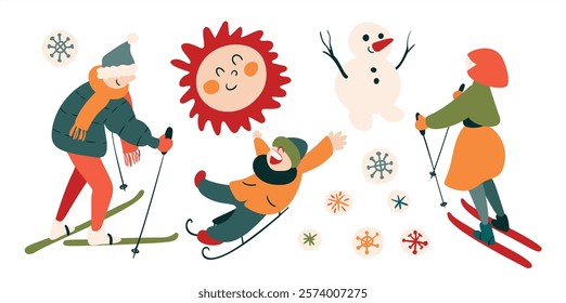 Winter fun. Isolated design elements with family winter sports. Happy people skiing, child on sled, snowman and snowballs. Winter outdoors activity collection. Vector illustration, simple flat style.