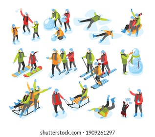 Winter fun isometric icons set with sleighing skiing snowboarding building snowman making snow angels isolated vector illustration