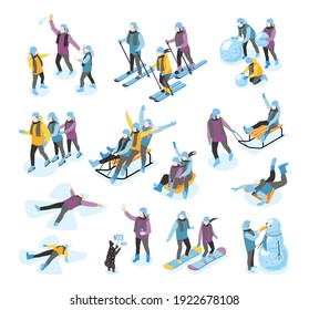 Winter Fun Isometric Icons Set With Sleighing Skiing Snowboarding Building Snowman Making Snow Angels Recolor Vector Illustration 