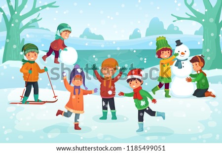 Winter fun for kids. Happy cute children playing outdoors in winters hats. Friends building snowman with snow and playing balls in snowy park. Christmas winter holiday cartoon vector illustration