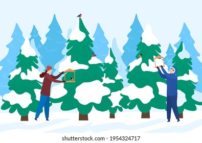 Winterspass, Kinder machen Nistkasten, Schneebaum, Vögel essen, Kälteperiode, Mädchenfutter, Design, Cartoon-Stil Vektorgrafik.