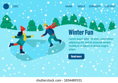 Winter fun Landing page templates. Children dressed in winter clothes or outerwear performing outdoor activities fun. Snow festival or ice skating. Flat vector illustration