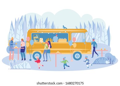 Winter Fun and Leisure in Country Park, Cartoon. Guy Trades Hot Drinks and Sweet Pastries from Bus Standing in Park. People Relax During Winter Excursion into Forest, doing Selfies.