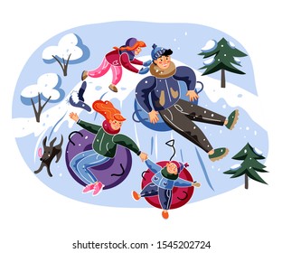 Winter fun leisure flat vector illustration. Parents with children sliding from snowy hill isolated design element on white background. Family and dog cartoon characters sleighing in rubber tubes