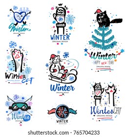 Winter fun logo and illustration. Abstract fun logo. New year set of drawings pattern design.