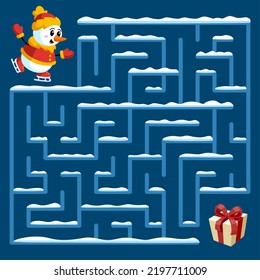Winter fun maze game for children. Searching path in labyrinth, sheets activity kid play. Christmas puzzle with cartoon snowman who find gift, garish vector scene