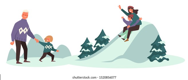 Winter fun on vacation, family sloping from hills outdoors vector. Mother and kid at mountain peak. Dad with child walking to mom and sibling. Parents and children spending time outside flat style