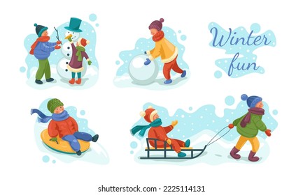 Winter fun outdoors. Children sculpt a snowman, sledding. Set of vector stock illustrations.
