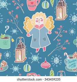 Winter fun seamless vector pattern. Traditional decorative Christmas elements.