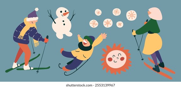 Divertimento de inverno set: pessoas em outerwear, homem e mulher esquiando, trenó de criança rindo, bonitinho desenhos animados snowman. Inverno ao ar livre lazer. Ilustração de vetor desenhada à mão.