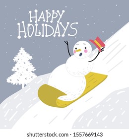 Winter fun, skiing down hills on sleds. Snowman rolls down the hill. Festive mood.EPS10