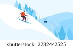 Winter fun, skiing snow, sport skier, boy skiing outdoors, cold outwardly, happy person, design, cartoon style vector illustration