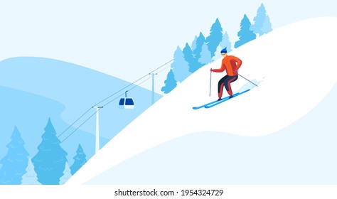 Winter fun, skiing snow, sport skier, boy skiing outdoors, cold outwardly, happy person, design, cartoon style vector illustration